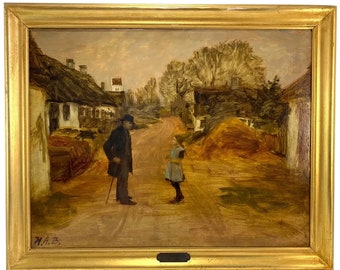 1910 Antique Orignal HANS ANDERSEN BRENDEKILDE Oil on Canvas Painting, European Village Street Scene Framed Art