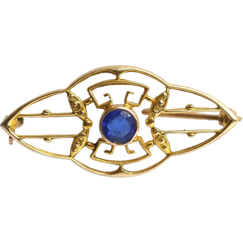 1930's Vintage Art Deco 10 Karat Yellow Gold and Blue Stone Brooch Pin image 1