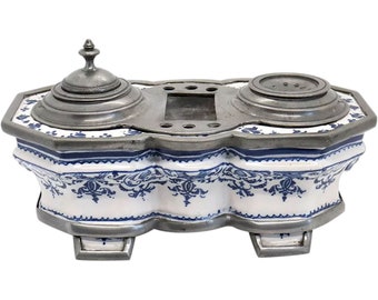 1790s Antique French Rouen Pewter Mounted Blue and White Faience Pottery Inkstand Desk Set Ink Wells