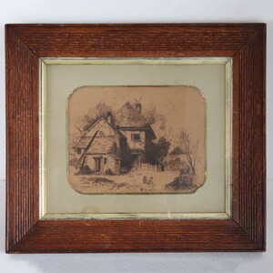 Dated 1896 Antique Signed Small English Victorian Sepia Engraving / Etching on Paper, Children at Country Cottage Matted and Framed Art image 4