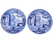 Pair of English Flow Blue Transferware Blue Italian Pattern Butter Pat Dishes