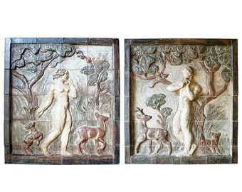 1940's Large Vintage Pair KNUD KYHN for Royal Copenhagen Stoneware Tile Wall Panels, Adam and Eve