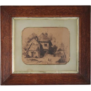 Dated 1896 Antique Signed Small English Victorian Sepia Engraving / Etching on Paper, Children at Country Cottage Matted and Framed Art image 1
