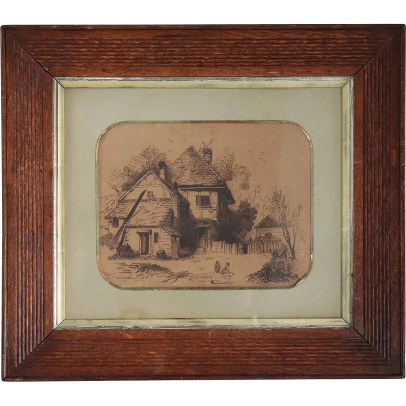 Dated 1896 Antique Signed Small English Victorian Sepia Engraving / Etching on Paper, Children at Country Cottage Matted and Framed Art image 1