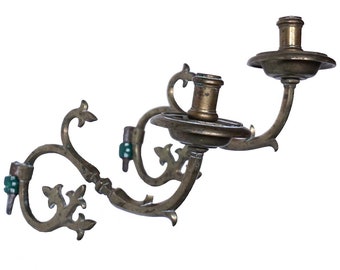 1700's Antique Large Pair of Spanish Brass One Light, Candlestick, Bracket Sconce Arms.