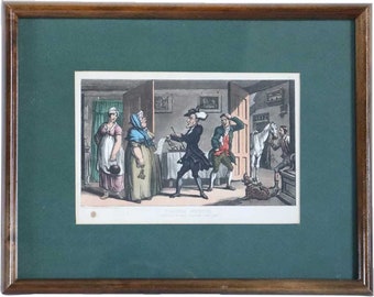 1812 Antique THOMAS ROWLANDSON Colored Etching and Aquatint, Dr. Syntax Disputing his Bill with the Landlady Matted and Framed Art Vintage