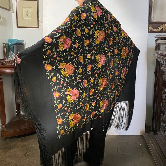 Small Vintage Spanish Flamenco Black Silk, Floral… - image 6