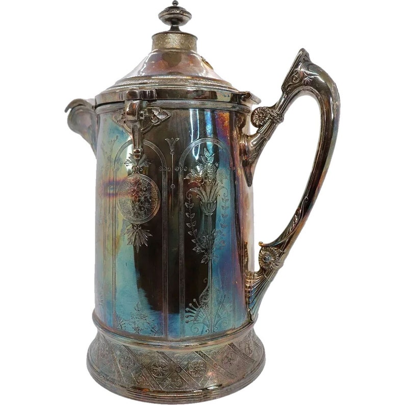 1873 Antique American Reed and Barton Silverplate Porcelain Lined Cold Water Pitcher image 1