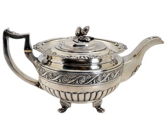 1818 Antique Irish Georgian, James Scott Sterling Silver Acorn Finial Armorial Teapot. Tea Pot.