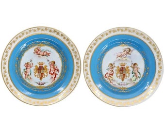 1850’s Pair Sevres Gilt and Bleu Celeste French Porcelain Royal Armorial Crest Antique China Plates