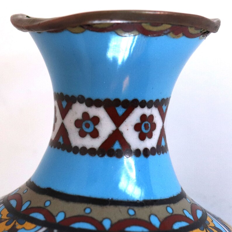 Antique Japanese Edo Cloisonne Blue Enamel Copper Baluster Vase image 8