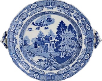 1815 Antique English Spode Blue and White Transferware Pottery Forest Landscape Hot Water Plate / Warming Dish