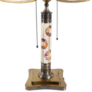 1920's Antique / Vintage American Pairpoint Painted Glass and Brass Two-Light Table Lamp Base image 8