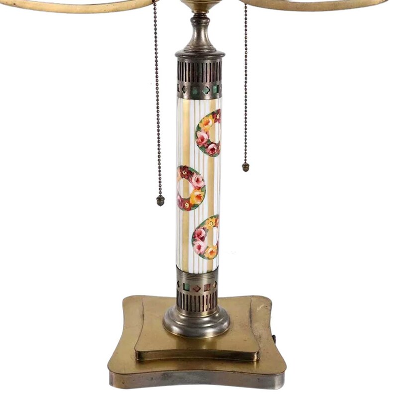 1920's Antique / Vintage American Pairpoint Painted Glass and Brass Two-Light Table Lamp Base image 8