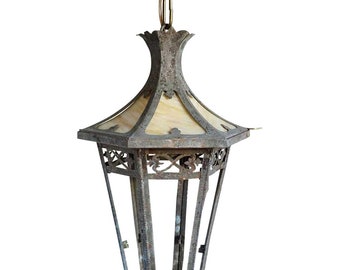 1910 Antique American Arts and Crafts Brass Slump Glass Hexagonal Hanging Pendant Lantern Lantern