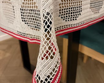 Vintage handgemaakt gehaakt kanten tafelkleed met rode rand