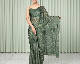 Sari de moda para mujer, sari de georgette de gasa, sari de Bollywood, sari estampado floral, sari para bodas y fiestas, sari ligero, sari de regalo.