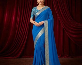 Sari de mezcla de seda de Bollywood para mujer, sari de georgette para mujer, sari de Bollywood, sari indio, sari con borde de diseño propio, sari de regalo, sari de boda,