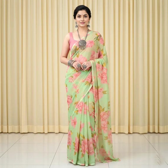 Women Trendy Chiffon Saree, Floral Soft Silk Saree, Printed Saree, Indian Saree, Daily Wear Saree, Hot Sale Saree, Gift Saree, Chiffon Saree