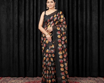 Newly Designer Women Printed Chiffon Saree, Floral Print Saree, Bollywood Saree, Handmade Saree, Gift Saree, Indian Saree, Unstiched Blouse