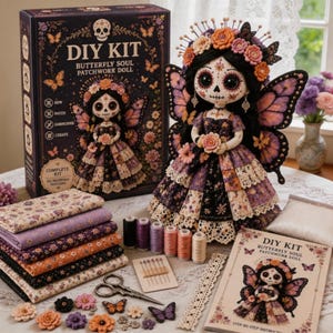 May include: A DIY kit for a Butterfly Soul patchwork doll, featuring a finished doll with a skull-patterned face, butterfly wings, and floral headpiece. Includes a box, fabric stacks in purple and orange, thread spools, needles, and instructions.
