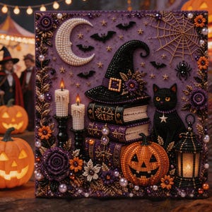 Könnte beinhalten: Ein quadratisches Wandbild mit einer perlenbesetzten Halloween-Szene, bestehend aus einer Mondsichel, einem Bücherstapel mit Hexenhut, einer schwarzen Katze, einem Kürbis, zwei brennenden Kerzen, einem Spinnennetz und floralen Akzenten in Lila und Orange.