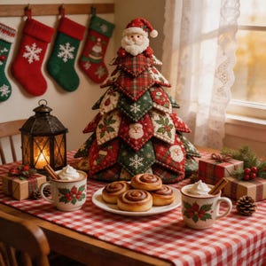 Könnte beinhalten: Eine Weihnachtsbaumdekoration aus Stoff mit gesteppten Paneelen in Rot, Grün und Weiß, verziert mit Weihnachtsmann-, Schneeflocken- und Stechpalmenmotiven. Der Baum ist mit einer Weihnachtsmannfigur gekrönt und steht auf einem Tisch.
