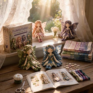 Könnte beinhalten: Ein Flower Fairies Patchwork-Feen-Bastelset, vier fertige Feenpuppen in Grün, Blau, Rosa und Lila, ein Stapel Blumenstoff, kleine Blumenknöpfe, Stickgarn, ein Nadelkissen, eine Schere und ein bebildertes Anleitungsbuch für Handarbeiten.