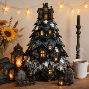 Könnte beinhalten: Eine mehrstufige, kegelförmige Halloween-Dekoration mit einer dunklen Stoffoberfläche, bedruckt mit Geistern, Spinnweben und Miniaturhäusern mit leuchtend gelben Fenstern. Die Struktur wird von einem kleinen, beleuchteten Haus gekrönt.
