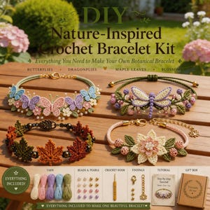 Può includere: Un kit per braccialetti all'uncinetto fai-da-te ispirato alla natura con quattro braccialetti finiti con motivi a farfalla, libellula, foglia d'acero e fiori. Include filato, perline, perle, un uncinetto, minuterie, tutorial e scatola regalo.