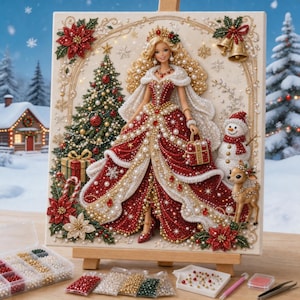 May include: A diamond painting kit featuring a blonde doll in a red and white gown, standing beside a decorated Christmas tree, a snowman, and a fawn. The scene includes poinsettias, gold bells, and snowflakes, with a bead organizer and tools.