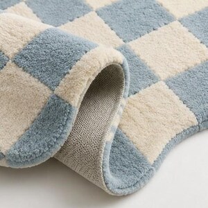 Wavy Edged Rug Modern Checkerboard Wool Rug | Hand Tufted Wavy Edge, Powder Blue Ivory ...