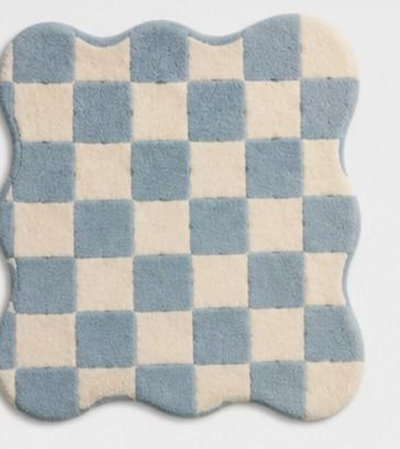 Wavy Edged Rug Modern Checkerboard Wool Rug | Hand Tufted Wavy Edge, Powder Blue Ivory ...