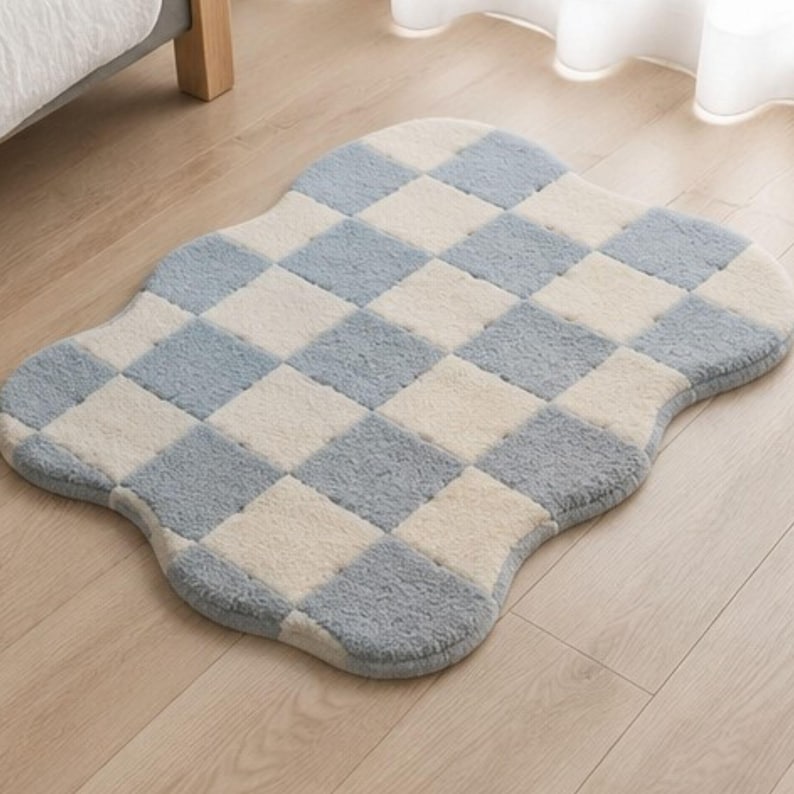 Wavy Edged Rug Modern Checkerboard Wool Rug | Hand Tufted Wavy Edge, Powder Blue Ivory ...