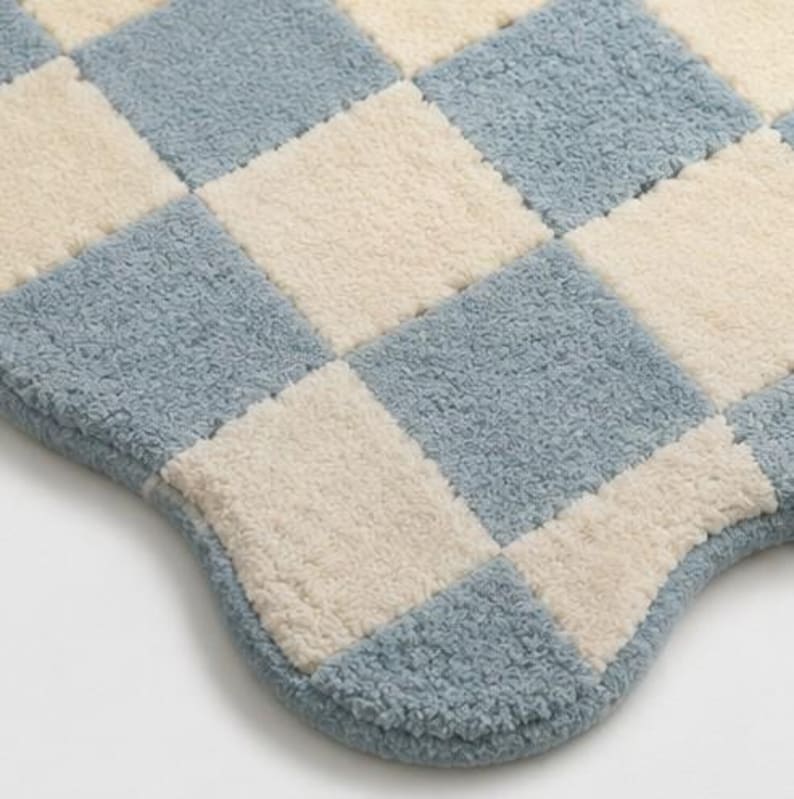 Wavy Edged Rug Modern Checkerboard Wool Rug | Hand Tufted Wavy Edge, Powder Blue Ivory ...