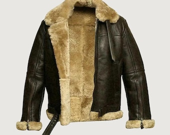 Men's Brown RAF Aviator B3 Pilot Flying Coat Genuine Sheepskin Leather Shearling Fur Jacket