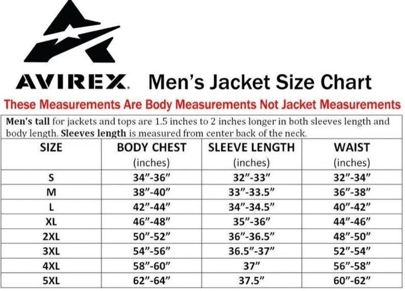 May include: A black and white Avirex jacket size chart. The chart includes body chest, sleeve length, and waist measurements in inches for sizes S through 5XL. The chart also includes the Avirex logo.
