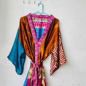 Vintage Indian Silk Kimono Robe, Recycled Saree Patchwork Dressing Gown