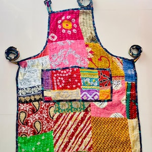 Handgjort Kantha Patchwork-förkläde | Boho quiltad bomullskökskläder