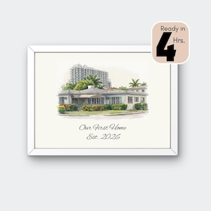 Può includere: Una stampa ad acquerello incorniciata di una casa con la scritta "Our First Home Est. 2026". L'immagine include un edificio sullo sfondo e la scritta "Ready in 4 Hrs."