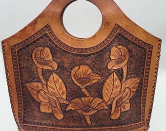 Vintage Tooled Leather Handbag, Hand Carved Floral Western Top Handle Purse