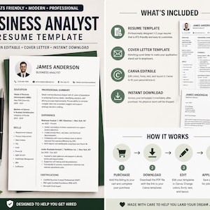 May include: A professional business analyst resume template with a cover letter, instantly downloadable and Canva editable. The resume includes sections for education, skills, and experience. The template is designed to help you get hired.