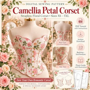 May include: A digital sewing pattern for a strapless Camellia Petal Corset featuring a floral print with pink roses and green leaves on a cream background. The corset has a scalloped neckline, front buttons, and a concealed back zipper.