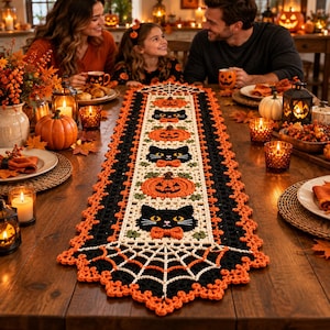 Peut inclure: Un chemin de table rectangulaire en crochet orné d'un motif répétitif de citrouilles orange et de têtes de chats noirs avec des nœuds papillon orange. Il présente un fond crème, une bordure noire et un bord festonné orange en toile d'araignée.