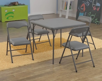 Nuevo juego de mesa y sillas plegables cuadradas de 5 piezas para actividades infantiles Mindy, en color gris.