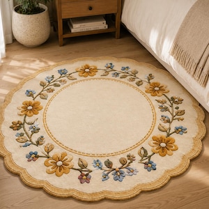 May include: A round, cream-colored area rug with a scalloped edge and a border featuring a raised, tufted floral vine pattern. The design includes yellow and blue flowers with green leaves arranged in a circular motif on a solid center.