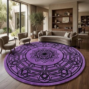 May include: A large circular area rug featuring a vibrant purple background with a detailed black geometric mandala pattern. The design includes concentric circles, star-like shapes, and crescent moon motifs centered on the floor.