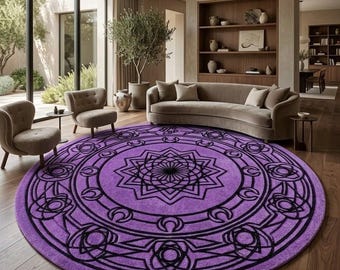 May include: A large circular area rug featuring a vibrant purple background with a detailed black geometric mandala pattern. The design includes concentric circles, star-like shapes, and crescent moon motifs centered on the floor.