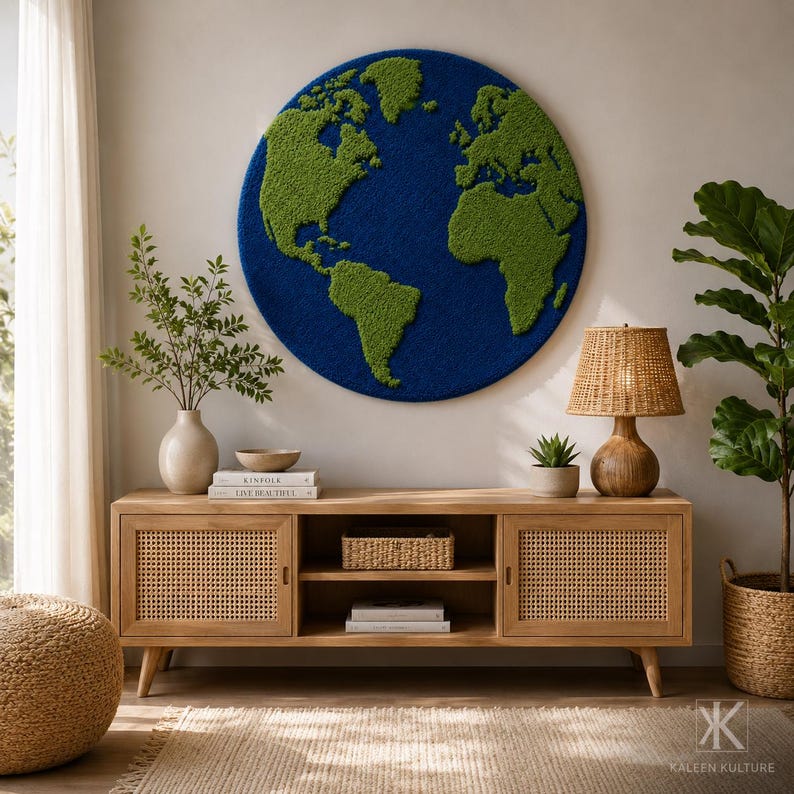 May include: A circular wall art piece featuring a world map with textured green landmasses against a deep blue ocean background. The continents are depicted in a raised, moss-like material, creating a tactile representation of the globe.