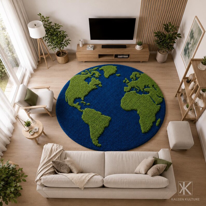 May include: A large, circular area rug featuring a detailed world map design with deep blue oceans and textured green continents. The rug is positioned in the center of a room, showcasing a vibrant, high-contrast depiction of the Earth's geography.